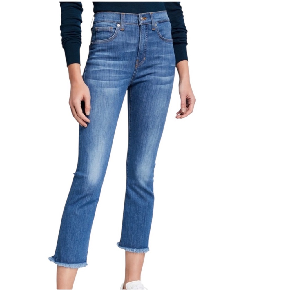 Veronica Beard Carly Kick Flare High Rise Blue Denim Raw Hem Jeans Sunrise 24